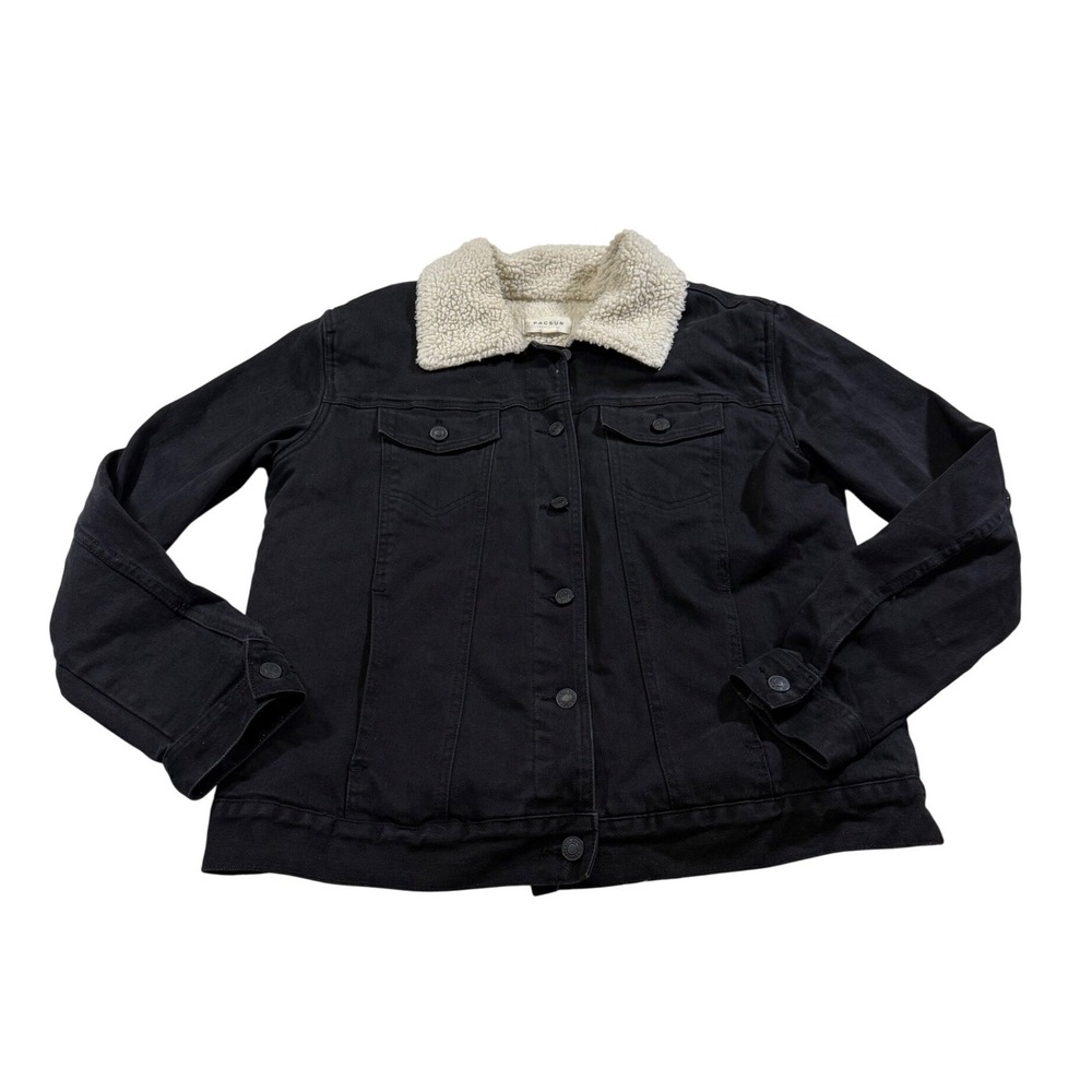 PacSun Denim Jacket L Black Sherpa Lined Trucker Skater Grunge Streetwear